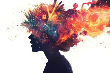 ADHD in Hyperactive Chaos ,A silhouette of a person with their head exploding into a dazzling array of swirling colors, symbols, and digital noise in white background. Mental health concept