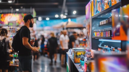 Customer choosing cbd products at a cannabis dispensary expo