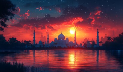 Naklejka premium Sunset Behind a Silhouette of themosque with Reflection on Water