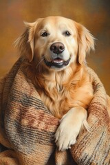 Obraz premium Golden Retriever Wrapped in Blanket