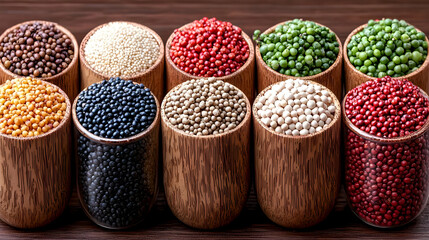 Colorful seeds in bowls on wooden table