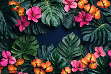 Naklejka premium Vibrant tropical foliage pattern featuring monstera and heliconia flowers on a navy blue background