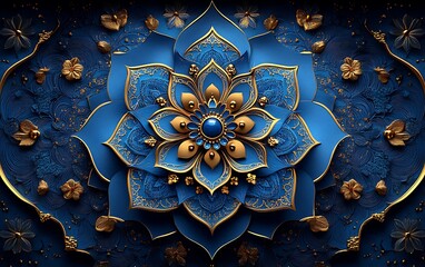 Intricate Blue and Gold Mandala Design on a Dark Background

