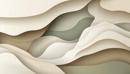Abstract layered paper-cut design in soothing earth tones like snow, cream, and teal, creating depth and tranquility, shadows blending seamlessly for a 3D effect