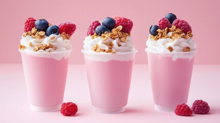 Healthy Snack Options for Kids concept. Colorful pink dessert cups topped with whipped cream, granola, raspberries, and blueberries against a soft pink background.