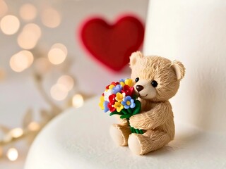 Teddy bear holding flowers bunch sit on white chair against on bokeh light background with copy space, closeup and selective focus