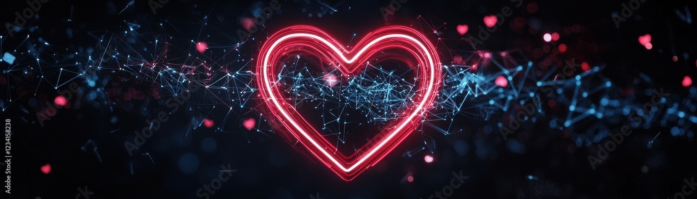 Poster brightly illuminated neon heart design against dark background with stylish visual elements