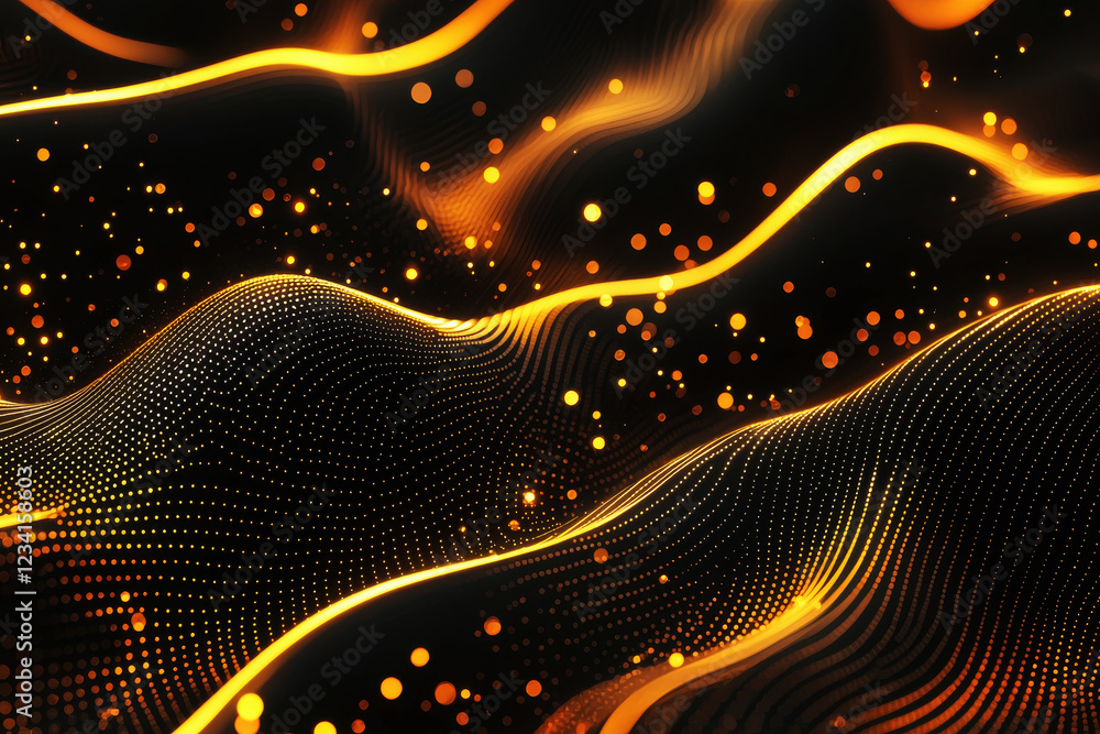 Poster luxurious abstract design featuring metallic gold lines and glimmering dots on a rich black backgrou