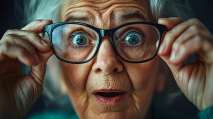 portrait of surprised caucasian grandmother in glasses 70-80 years old looking at camera, studio background, concept of surprise and delight in pensioner