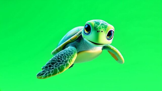 Cute cartoon turtle swimming, green screen background, animation, video compositing