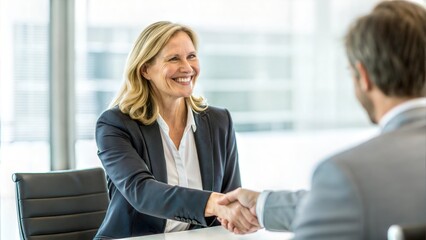 Happy mid aged business woman manager handshaking greeting client in office. Smiling female executive making successful deal with partner shaking hand at work standing at meeting table.	
