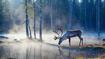 Misty forest scene at dawn, reindeer by calm water with tree reflections