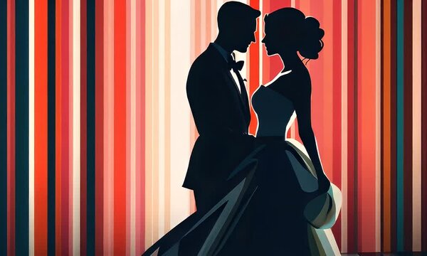 Couple wedding silhouette, red stripes background, romantic pose, event invitation