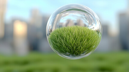Glass sphere with grass, cityscape background; environmental concept