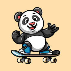 fun cute panda skate board cartoon colored character isolated drawing line style sketch classic vintage design illustration