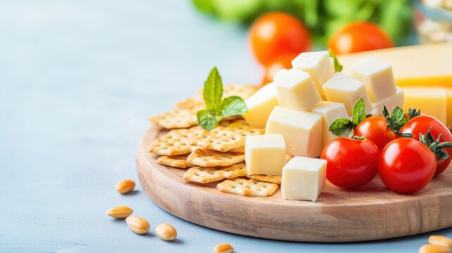Healthy Snack Options for Kids concept. A wooden platter featuring cheese cubes, crackers, cherry tomatoes, and fresh herbs against a light blue background.