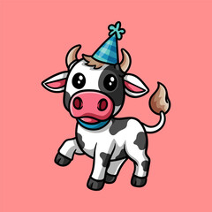 fun cute birthday cow cartoon colored character isolated drawing line style sketch classic vintage design illustration