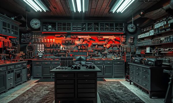 A meticulously organized and well-lit modern gun room with extensive firearm and accessory collection.
