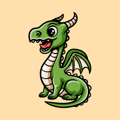 fun happy sitting dragon cartoon colored character isolated drawing line style sketch classic vintage design illustration