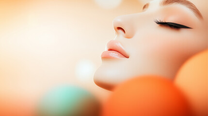 A close-up of a womans profile with soft skin and vibrant colors, suggesting warmth and playful elegance