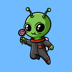fun baby alien hold candy in astronaut suit cartoon colored isolated drawing line style sketch classic vintage design illustration