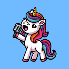fun cute singing unicorn cartoon colored character isolated drawing line style sketch classic vintage design illustration