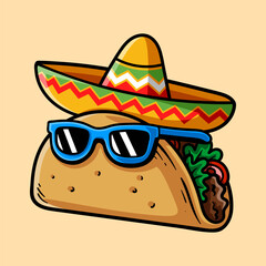 fun taco wearing sombrero and glasses cartoon colored character isolated drawing line style sketch classic vintage design illustration