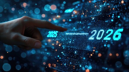 Futuristic hand pointing towards digital 2026 amidst holographic data stream