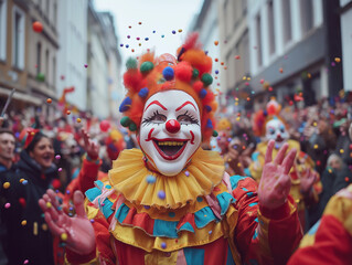 Crowds gather in Cologne as joyful clowns bring vibrant energy to the Carnival parade. Confetti dances in the air, celebrating the spirit of festivity and community. Generative AI