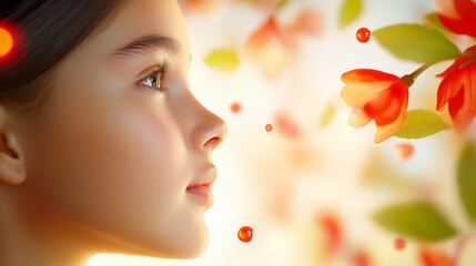 Fototapeta premium Side profile of a girl with a thoughtful expression, surrounded by abstract elements, evoking curiosity and innocence