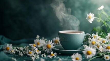 Warm Chamomile Tea, Steaming Cup, & Daisies: A Tranquil Moment.