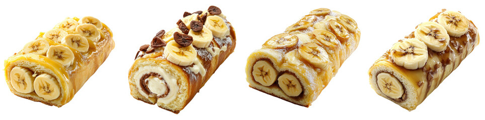 Banana Swiss roll isolated on white background Set Collection Png.