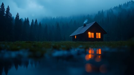 Fototapeta premium Cozy Cabin in Snowy Forest at Night