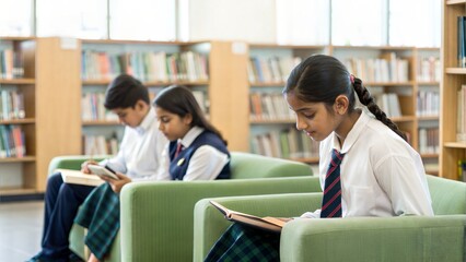 Fototapeta premium Indian School Library Students in an Indian school library, reading or studying together. 