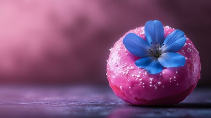 pink glazed donut with a blue flower in her hole on a subtle, blurry background. Food for thought, copy space concept.