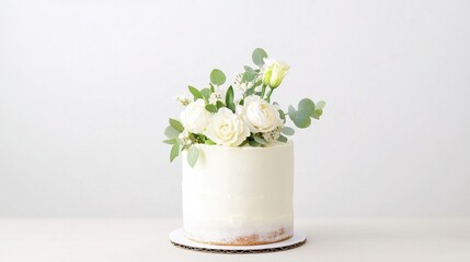 naked cake desserts concept. A beautiful white cake topped with fresh flowers and greenery, elegantly displayed on a simple white background.