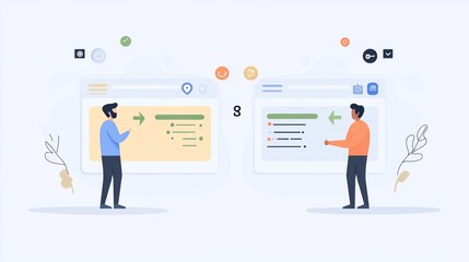 Online collaboration two men exchanging data on website screens
