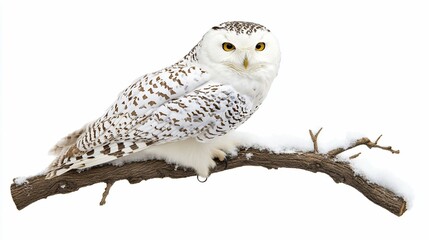 Fototapeta premium Snowy Owl perched on snow-covered branch, winter, isolated, wildlife