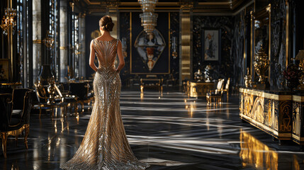 Luxurious evening gown showcases Art Deco elegance in a grand gallery setting with opulent decor