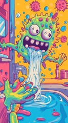 A Colorful Monster Washes Away Germs in the Bathroom