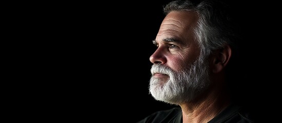 Mature man profile, dark background, pensive expression, website banner