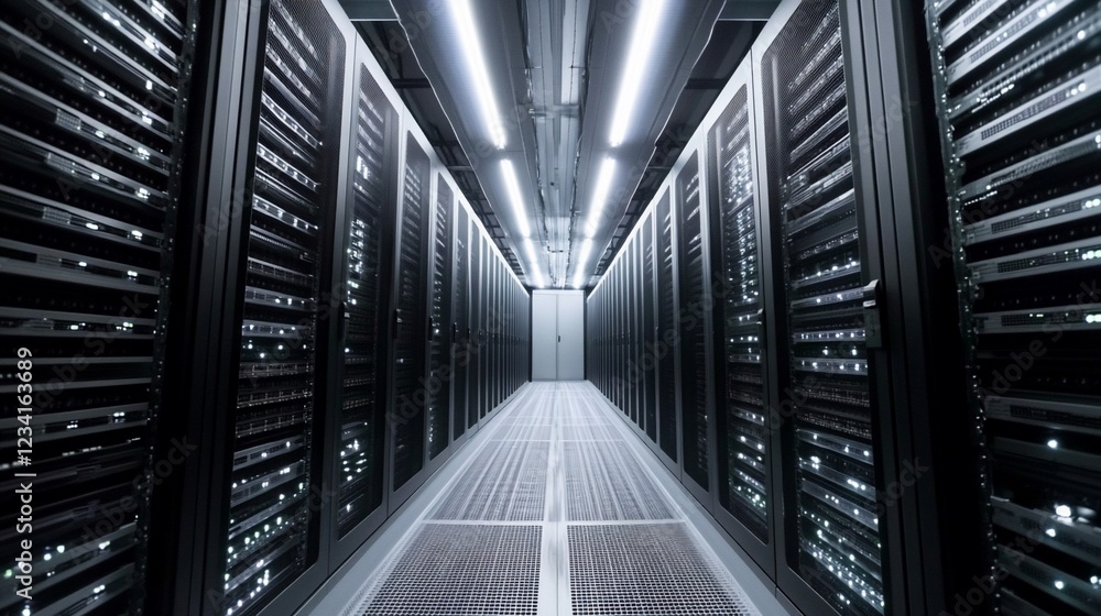 Poster a long corridor with servers lined up on both sides in a data center environment