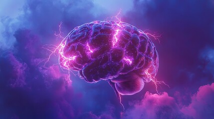 Fototapeta premium Dynamic Brain Surrounded by Striking Lightning Bolts in a Dark Stormy Sky Representing Power Intellect and Creativity in a Stunning Visual Metaphor for Human Thought and Energy