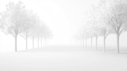 White trees, foggy path, serene landscape, minimalist design, website background