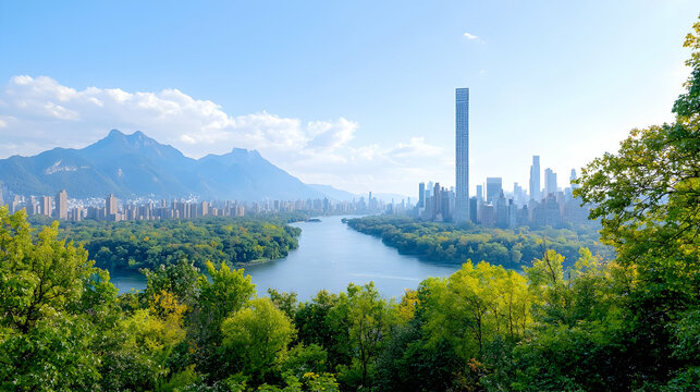 Panoramic city view, river, mountains, greenery. Ideal for travel brochure
