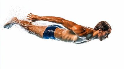 Swimmer diving underwater, studio shot, white background, sports