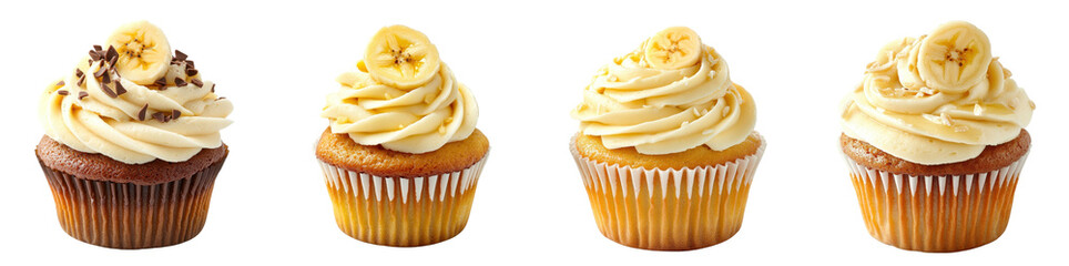 Banana cupcake isolated on white background Set Collection Png.