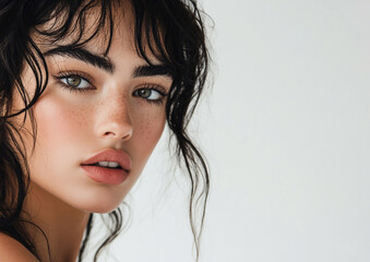 Beauty portrait of edgy beautiful fashion model with makeup and hairstyle on light background.Macro.Ai Generative.