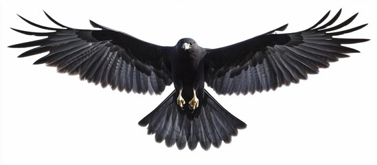 Obraz premium Black bird in flight, wings spread wide, isolated, graphic design element