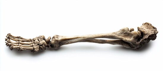 Isolated leg bone, foot, ankle, white background, medical study